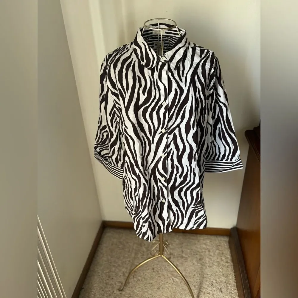 Chico's NWT Brown White Zebra Print Button Front Shirt Size 3 new with tags